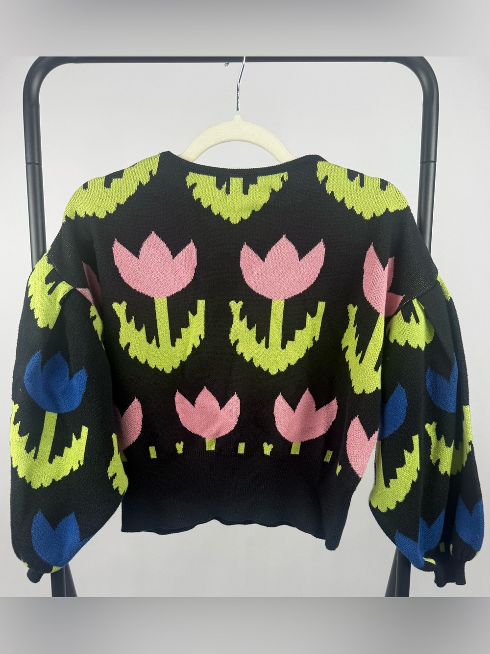 Pastiche Free People Floral Knit Sweater Size S Black Pink Blue Crop Top - Picture 6 of 7